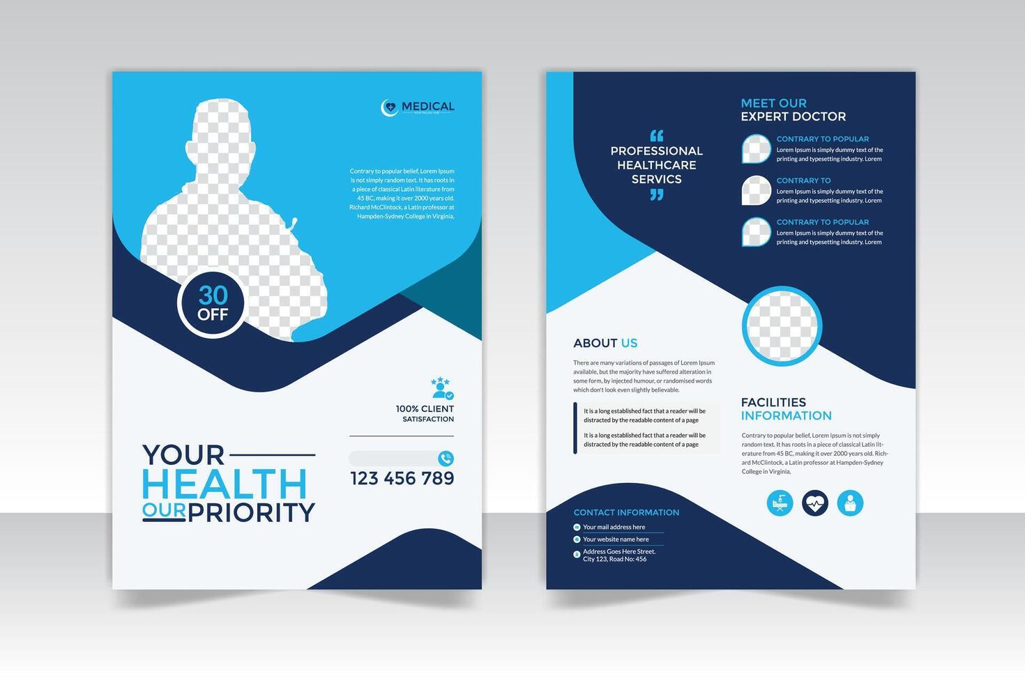 Clinic two sided flyer template design with minimalist layout, leaflet vector