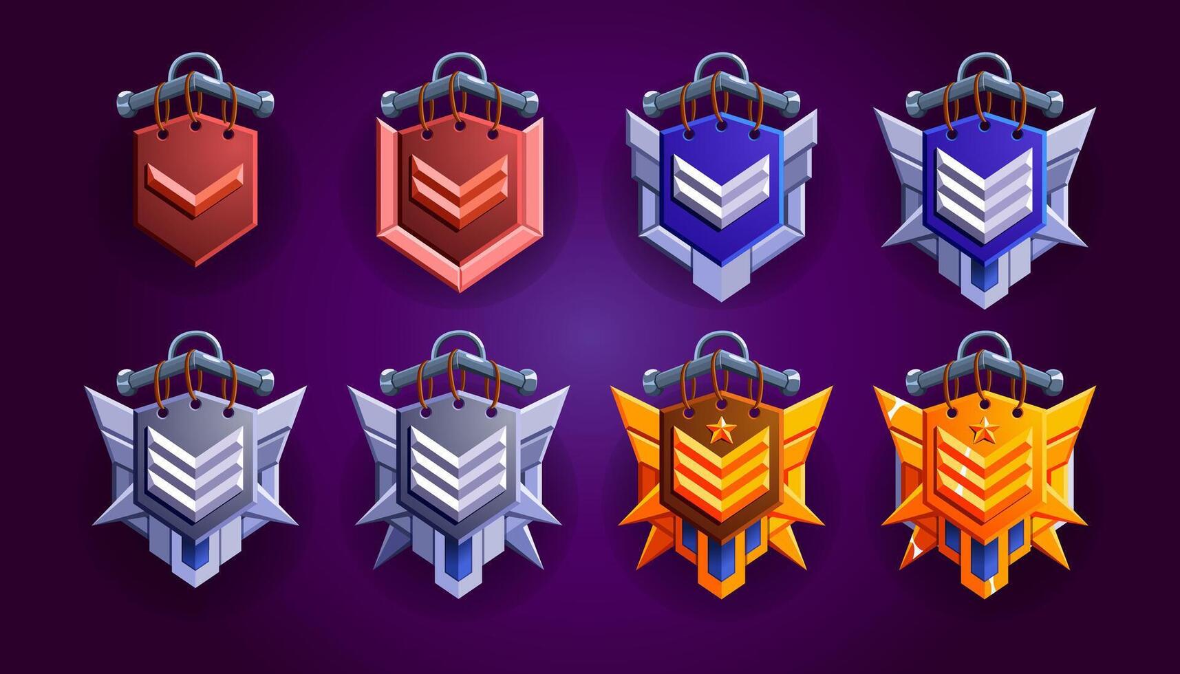 Level rank emblem pack. Progress level set for fantasy medieval games. Realistic colorful style. Bronze, silver, silvered, gold, golden materials. vector