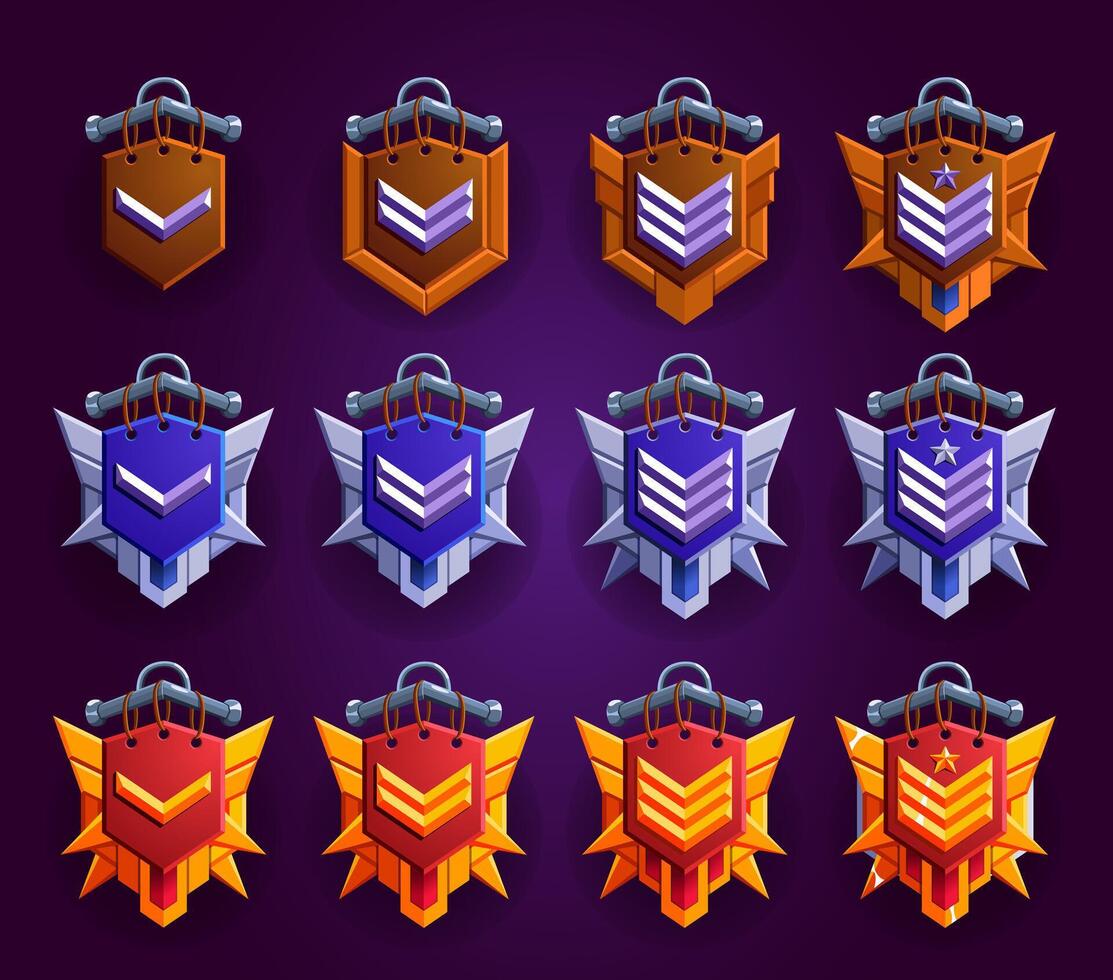 Badge rank set for games. Patent achievements. Wood, woody, bronze, metal, silver, gold, silver material. Realistic emblems. vector