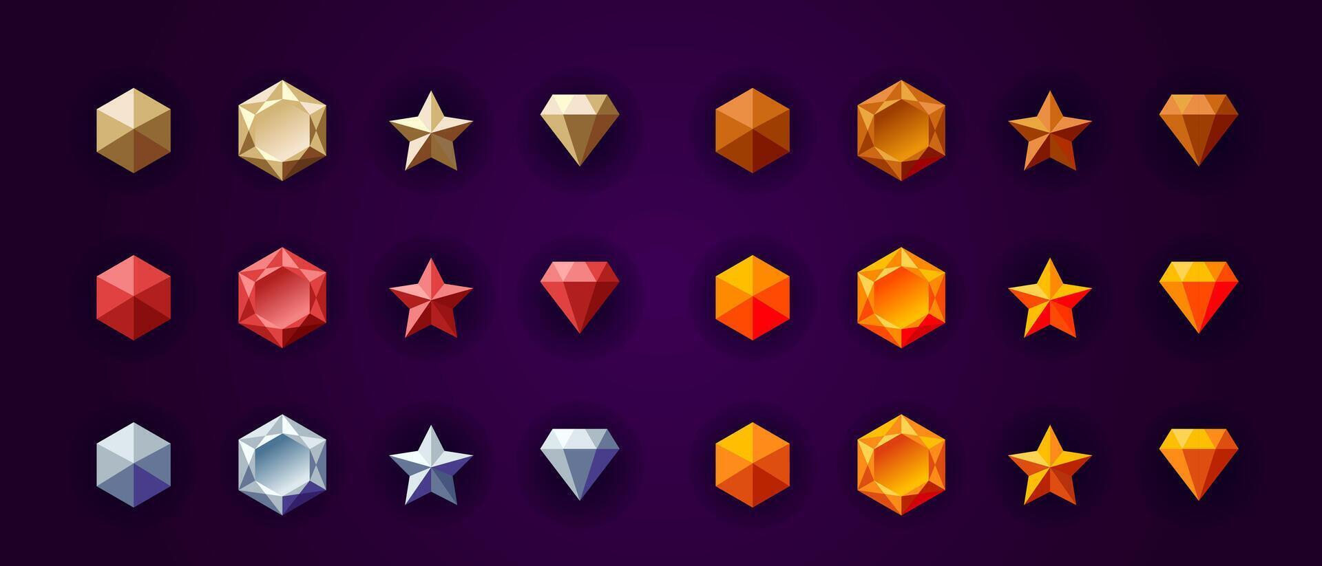 Colorful game objects assets set. Diamond, star, gemstone. Item symbols for games. Medieval, scify, fantasy, rpg. Gold, silver, wood, red, blue, orange, yellow. vector