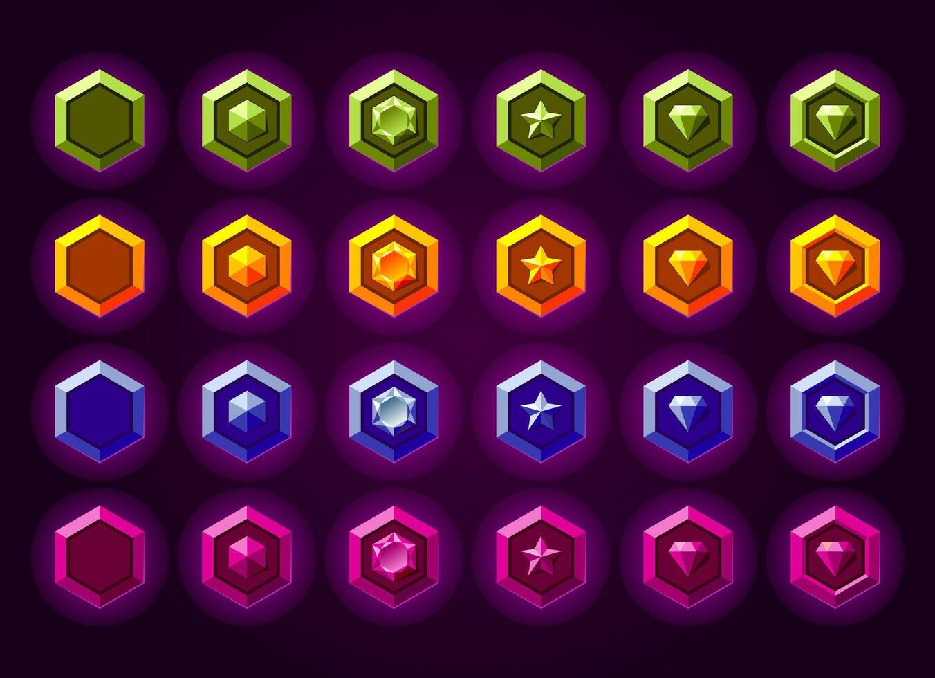 Vibrant colorful metallic level rank badges bundle. Green, yellow, blue, pink colors. Award and progress. vector