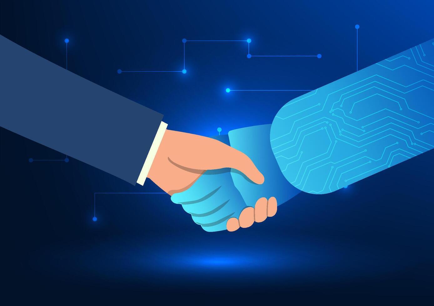 Businessman's hand shaking hands with AI robot, representing the collaboration between humans and modern technology for future advancement and innovation. vector