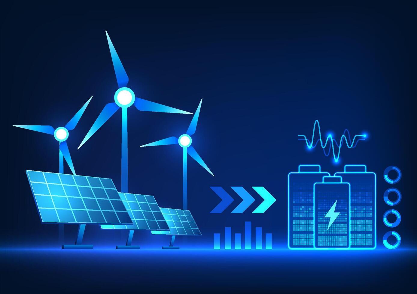 Battery technology that uses clean, natural energy to charge the environment does not harm the environment. With windmill and solar cells connected to batteries as backup power. vector