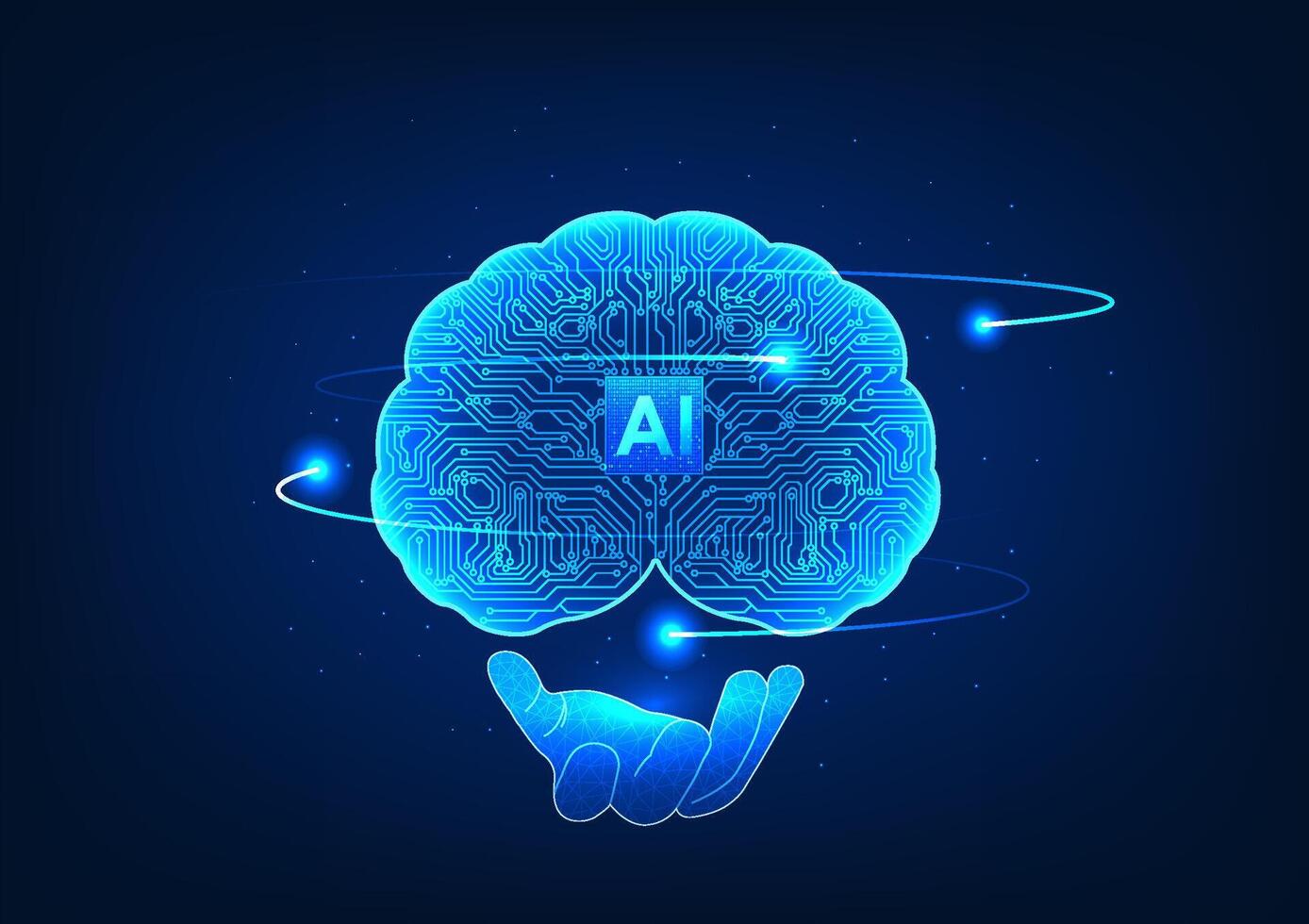 Engineer's hand holds a brain with electrical circuits and an AI chip in the center, representing the advancement of artificial intelligence and the role of engineers in creating future technologies. vector