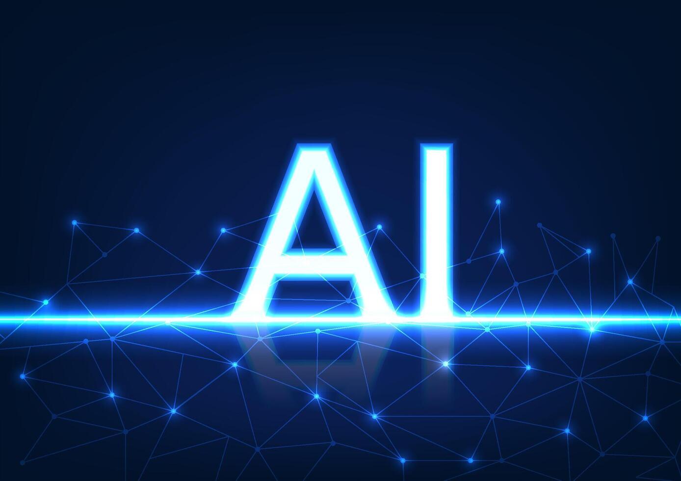 Artificial intelligence technology, AI, is in the center, with connecting lines around it, representing the network of AI operations and the interconnection of data in the modern technological world. vector