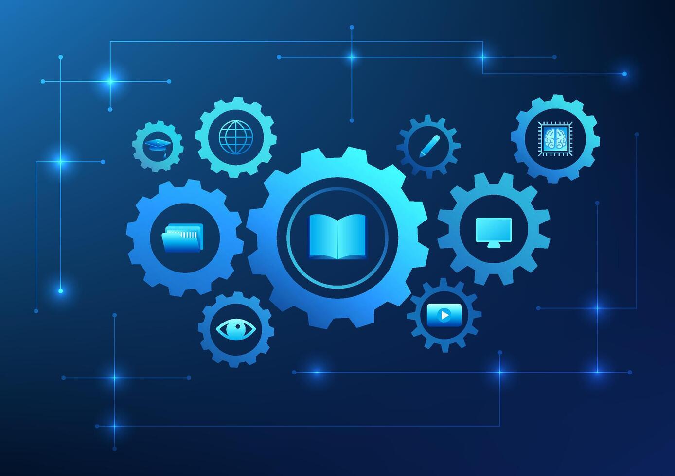 educativo tecnología, un engranaje consistente de educativo íconos tal como libros, tabletas, y plumas, transporta innovador aprendizaje y Progreso en el digital edad. vector