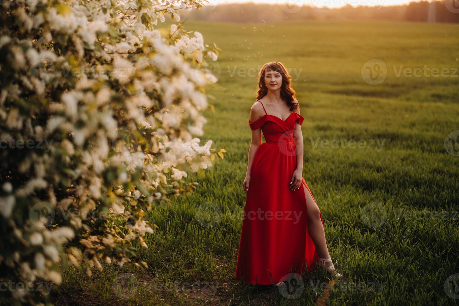 a girl in a red dress with red lips stands next to a large white flowering tree At sunset photo