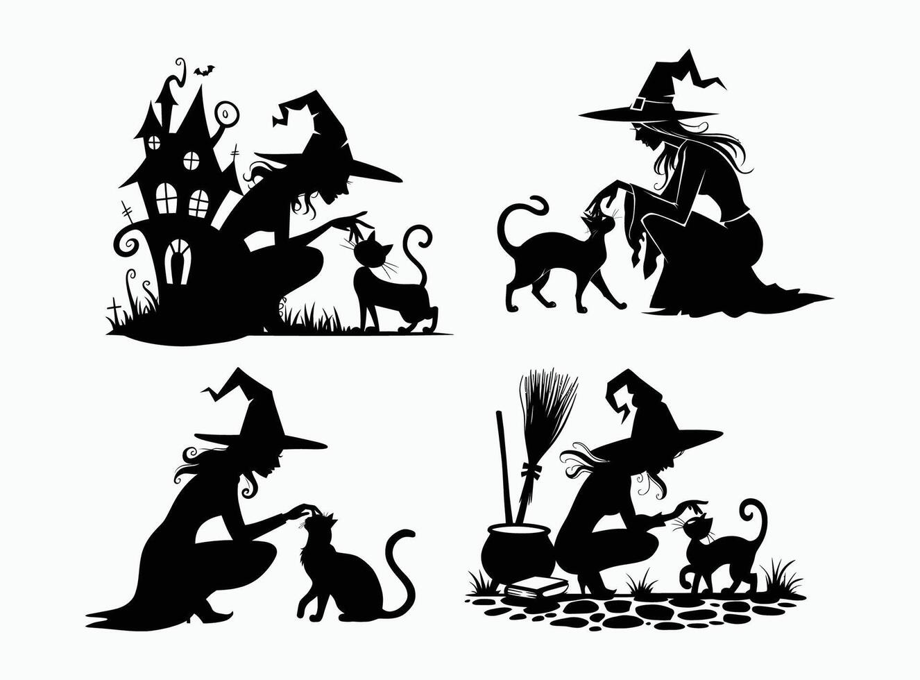 A Collection of Silhouette Witch with a Black Cat PS Illustrations Template vector