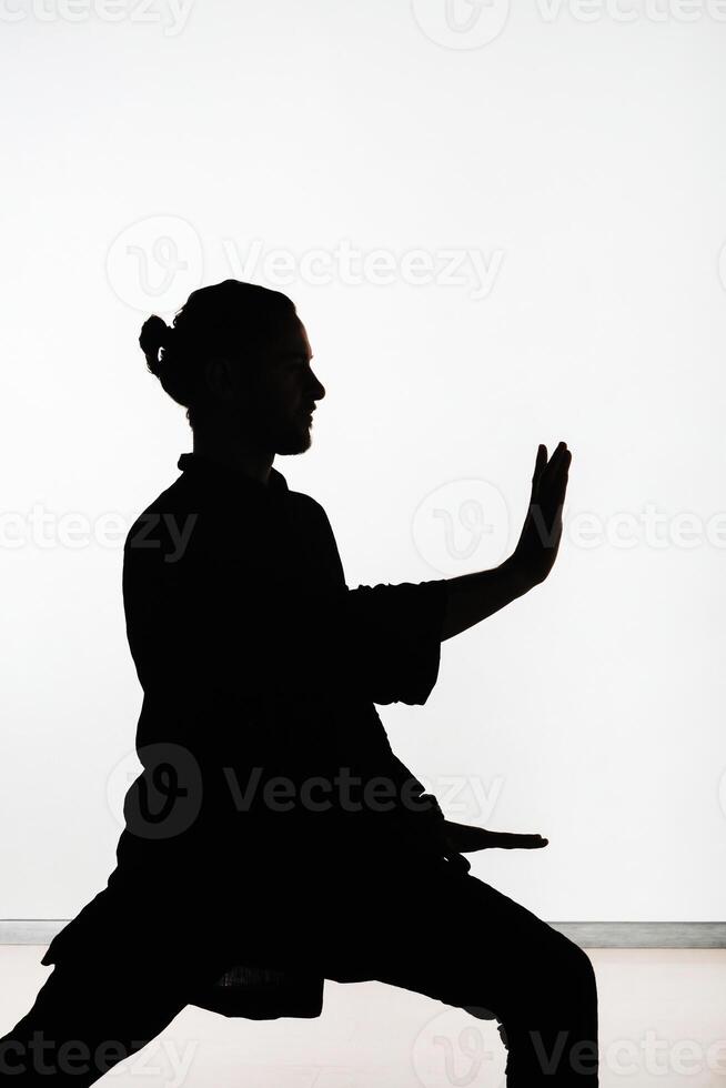 Silhouette of a person practicing qigong energy exercises on a light background photo