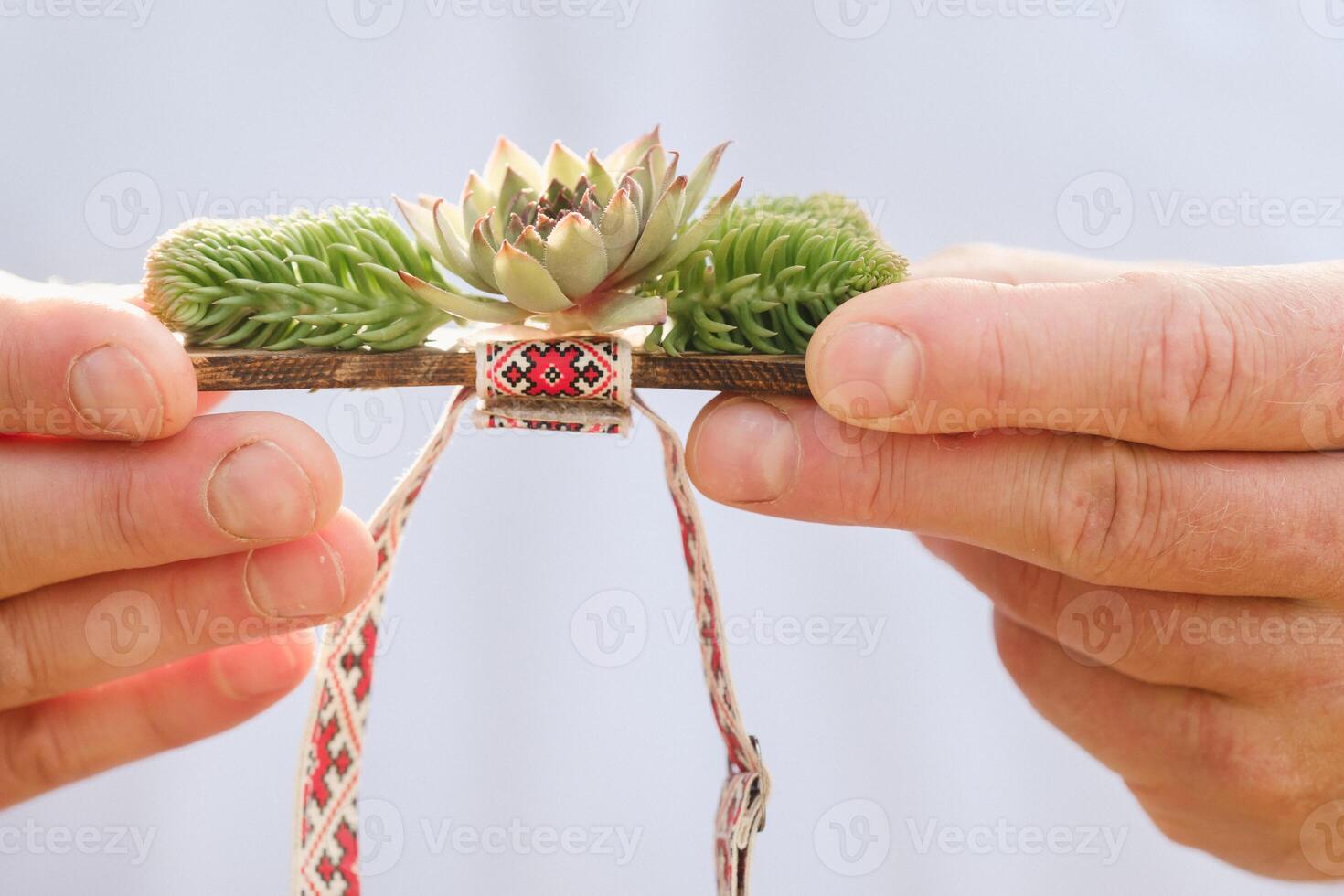 Close-up of hands holding a bow tie with decorative flowers on it photo