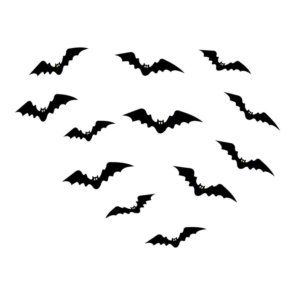 A group of black bats with glowing eyes flying in various directions. Suitable for spooky invitation, decoration for party flyer for Halloween. vector