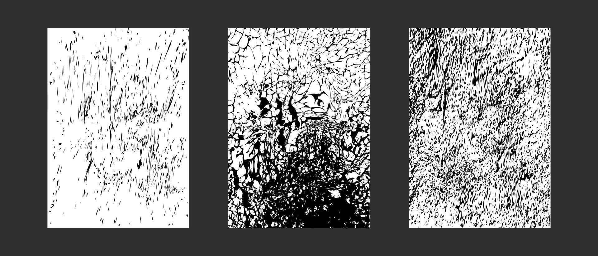 A set of three abstract black and white textured backgrounds with various cracked and distressed pattern. For use in graphic design project, overlay, poster, or grunge themed artwork. vector