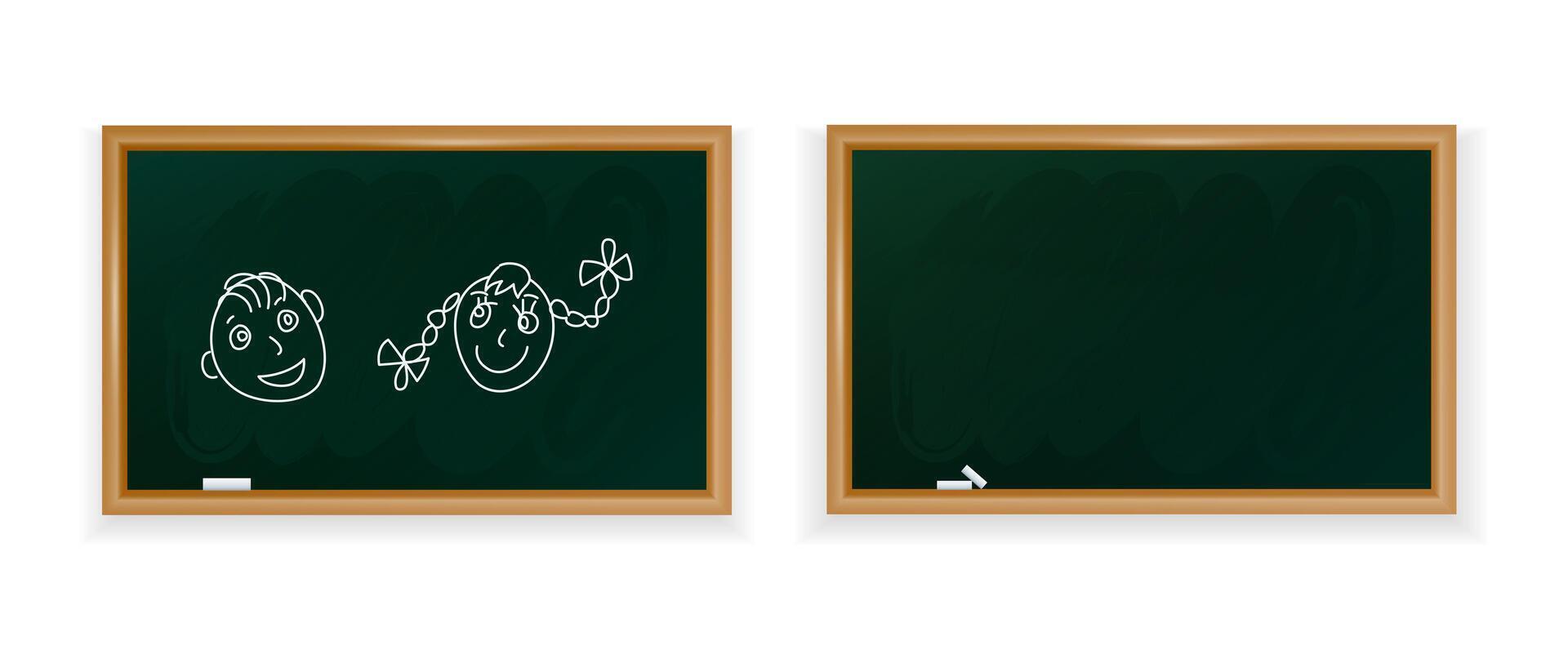 Back to school. Two green chalkboards, one with simple childlike drawings of a boy and girl, and the other blank. For educational material, classroom design, and school related graphic. vector