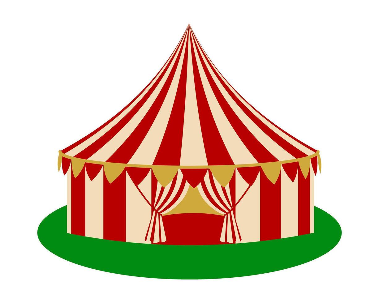 A red and yellow circus tent on a green base, perfect for carnival or festival themed designs. For event poster, amusement park illustration, and celebration invitation. vector