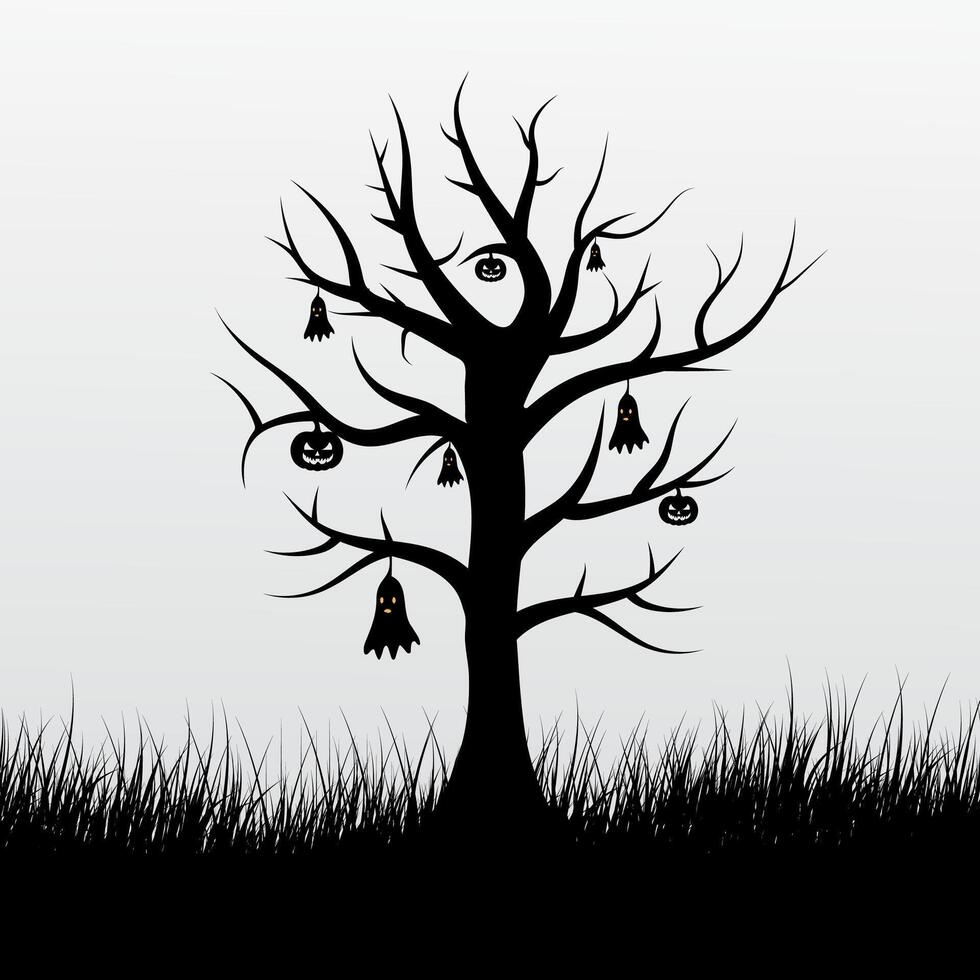 Happy Halloween ghost tree design black color with tree, pumpkins, and grass vector