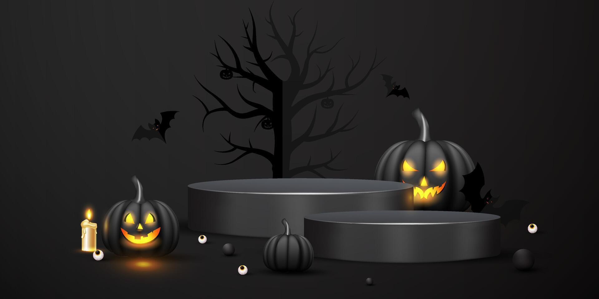 Halloween 3D product mockup design with pumpkins bats candle and tree. Black color Halloween product showcase design vector