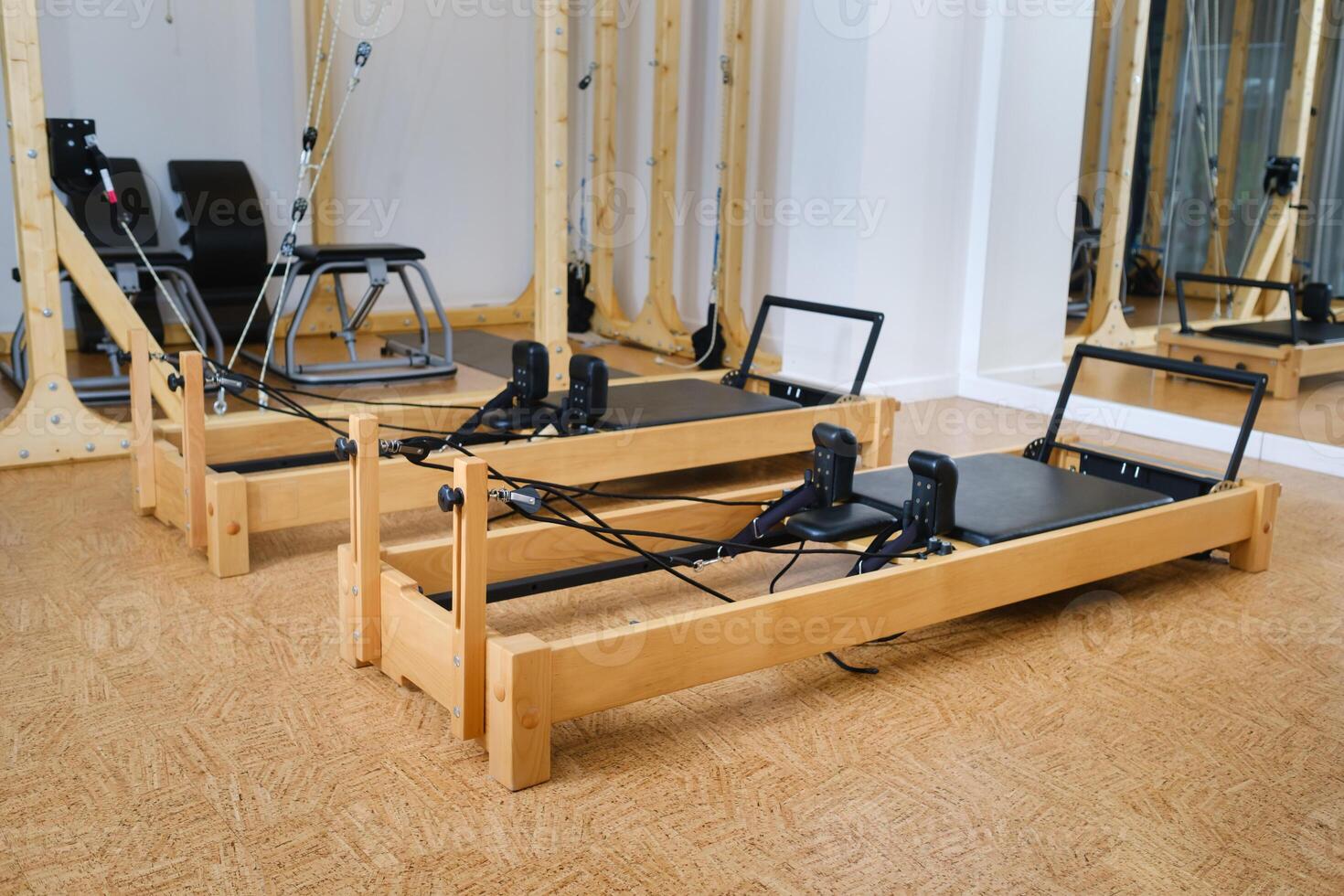 the reformer machine in the pilates room. Yoga equipment photo