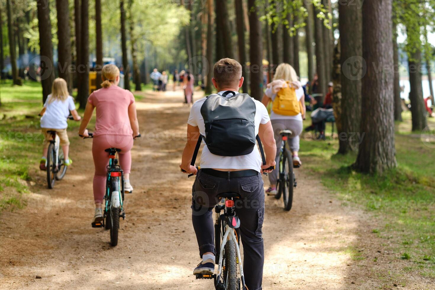 A group of cyclists with backpacks ride bicycles on a forest road enjoying nature photo