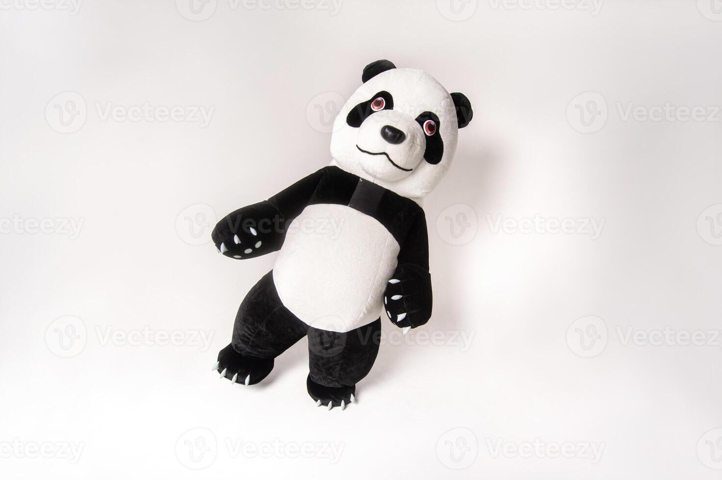 Toy big panda with a man inside on a white background photo