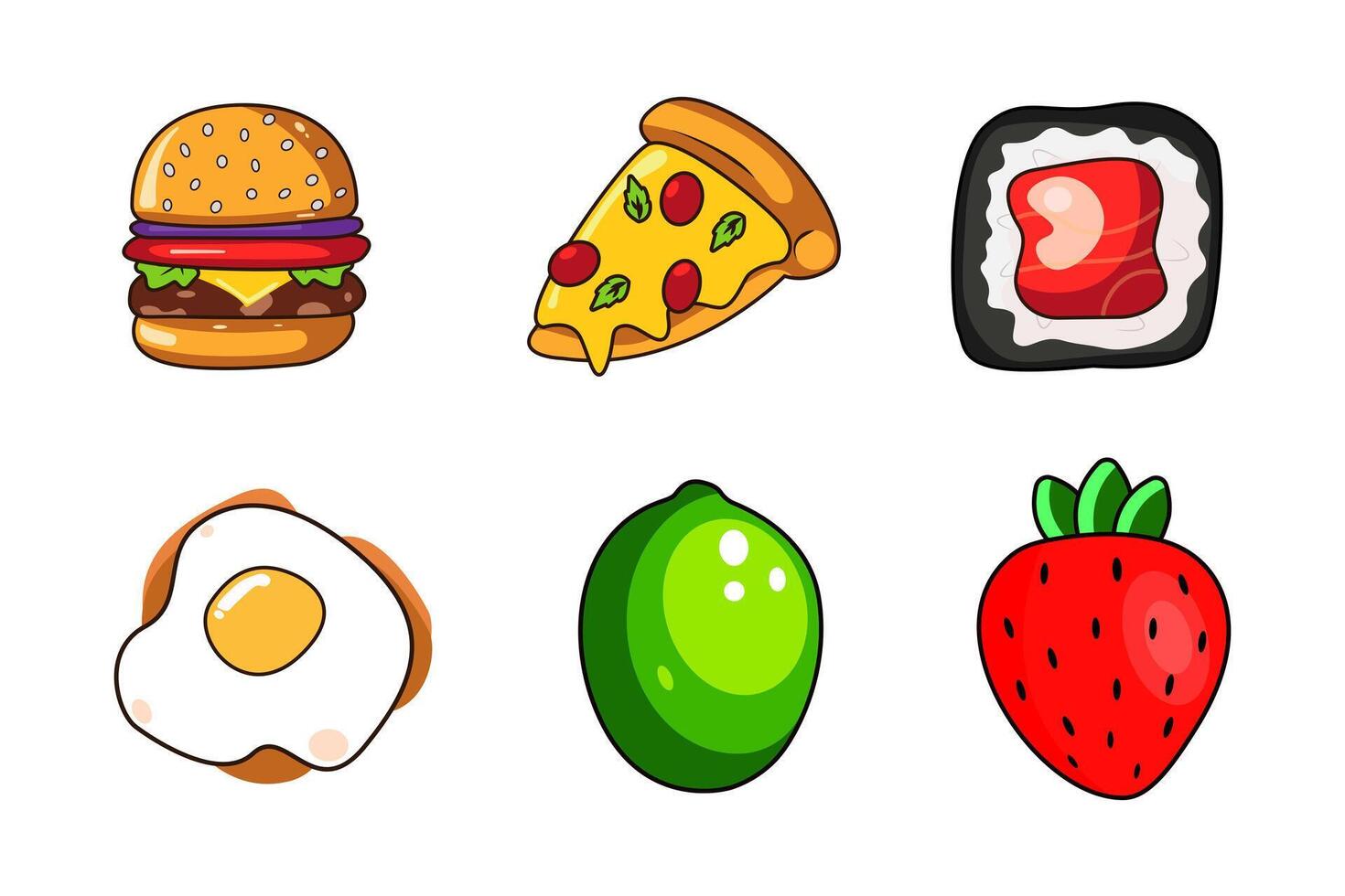 food icons set featuring pizza, burger, sushi vector