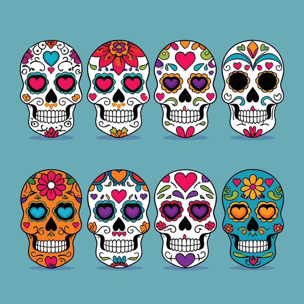 Flat dia de muertos day of the dead sugar skulls collection illustration set vector