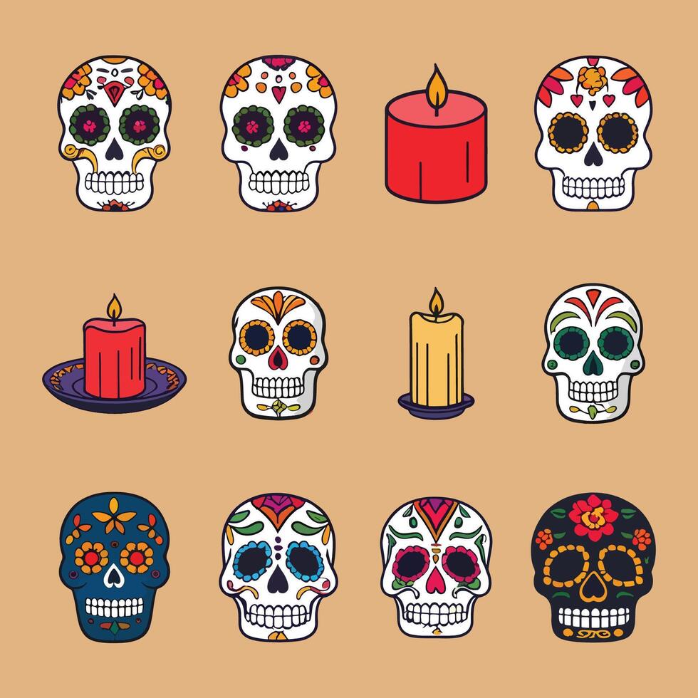 day of the dead skull and candle icons set vector