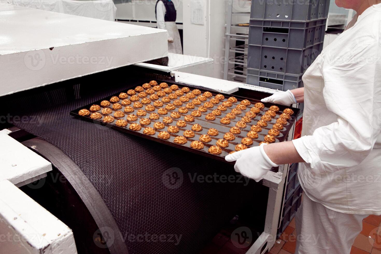 A tray of ready-made cookies is taken from the conveyor belt in the bakery photo