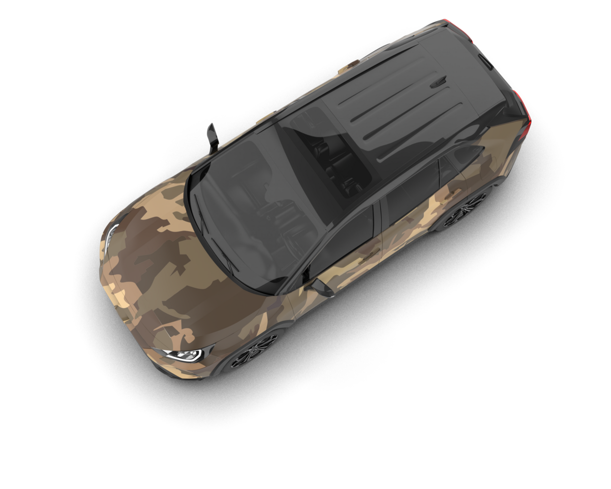 An overhead view of a car with camouflage paint png