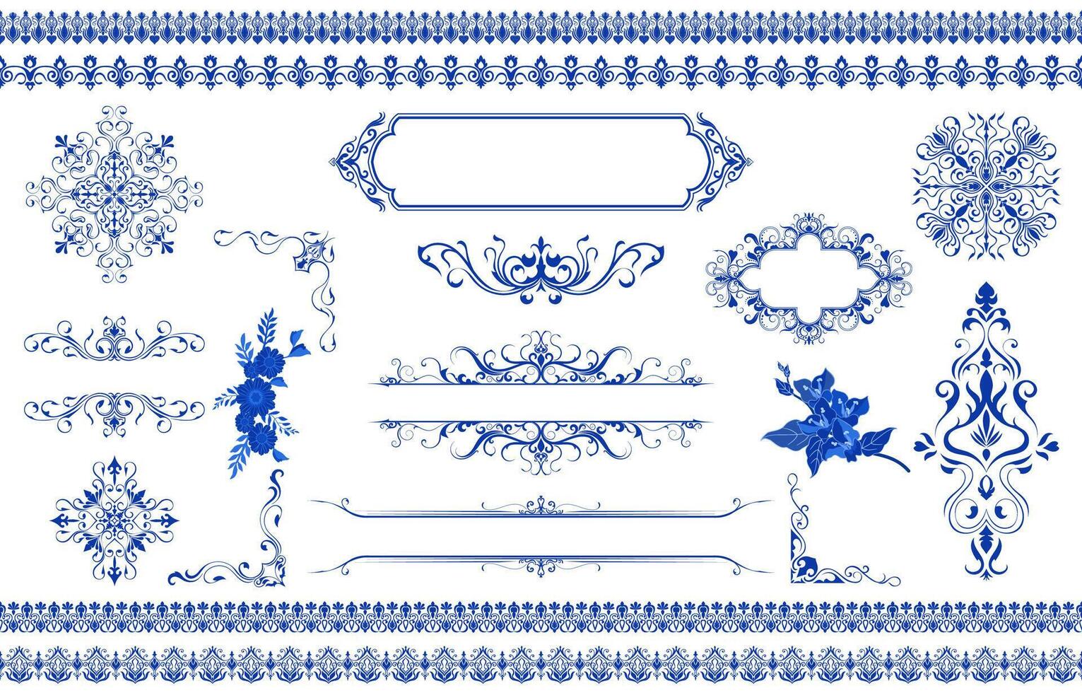 Set of graphic elements vintage frame, blue fabric border, vintage flowers, combined with classic corners. vector