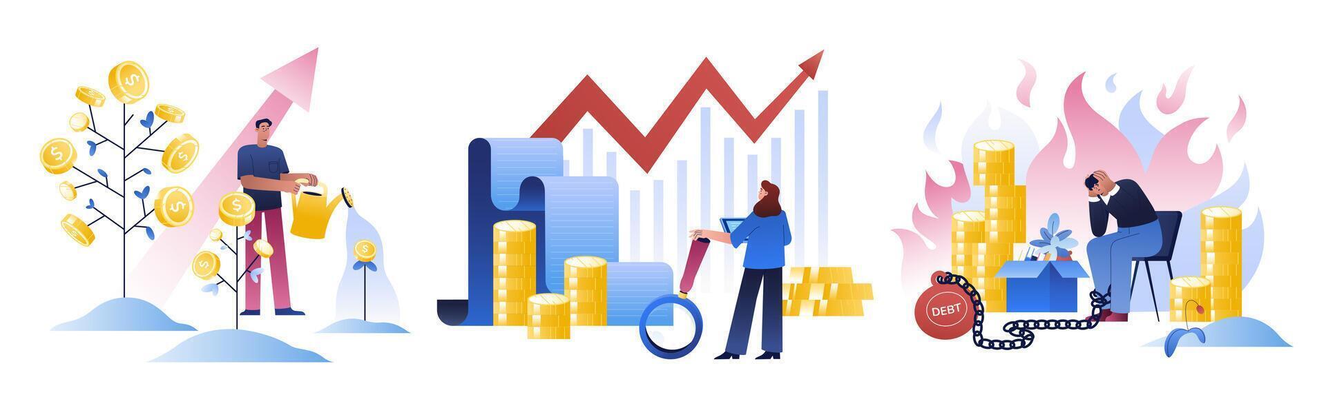 Financial literacy concept. People investing capital and growing money tree. Increase income, analyze stock market with financial graph. Business investment or finance management. Sad man have debt vector