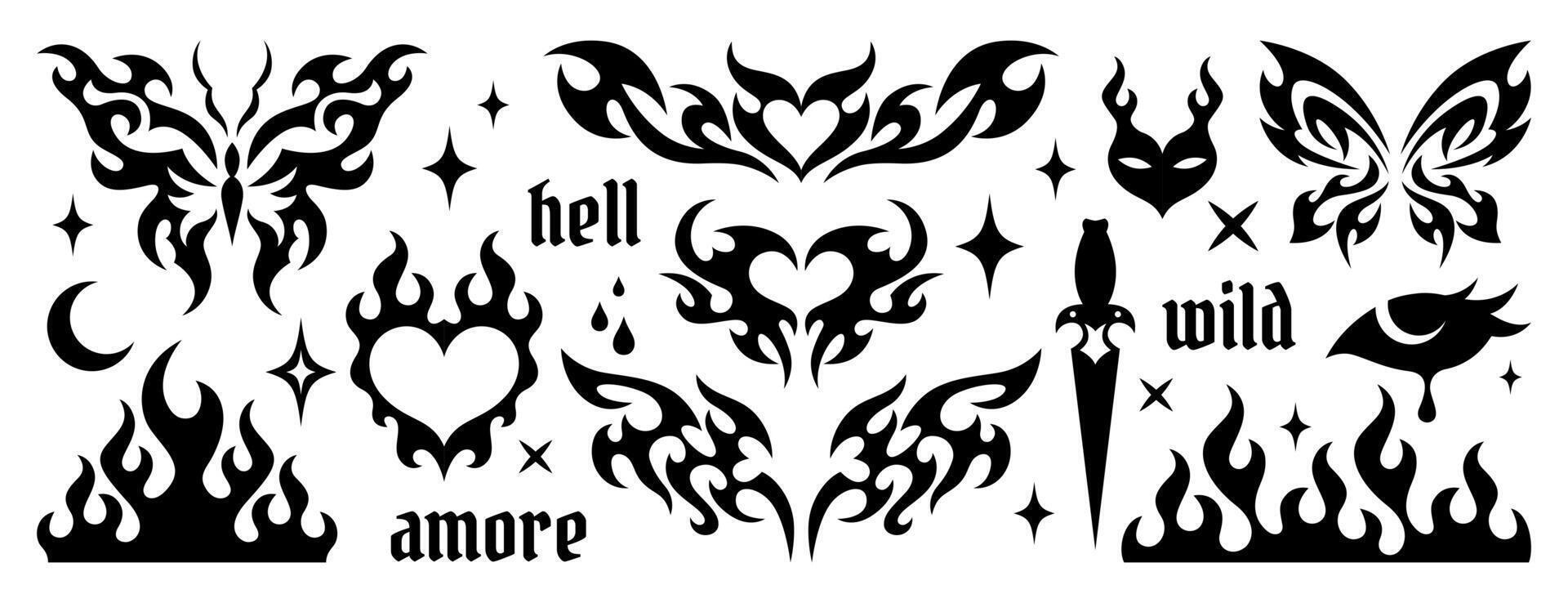 Y2k gothic tattoo sticker set. Neo tribal ornaments, trendy emo hand drawn butterfly, fire flame, burning heart, graffiti lettering. Neotribal black goth aesthetic icons, cyber sigilism design element vector