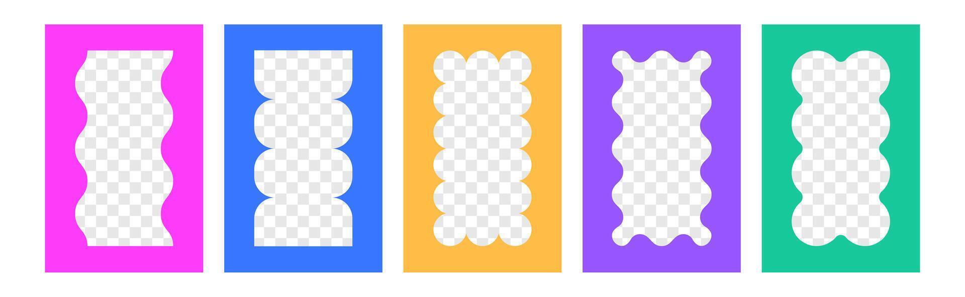 set of rectangle squiggle photo frames with wavy edges. Color wiggly rectangular shapes with curvy borders. Empty text boxes, mirrors or frameworks with scallop line border on white background vector