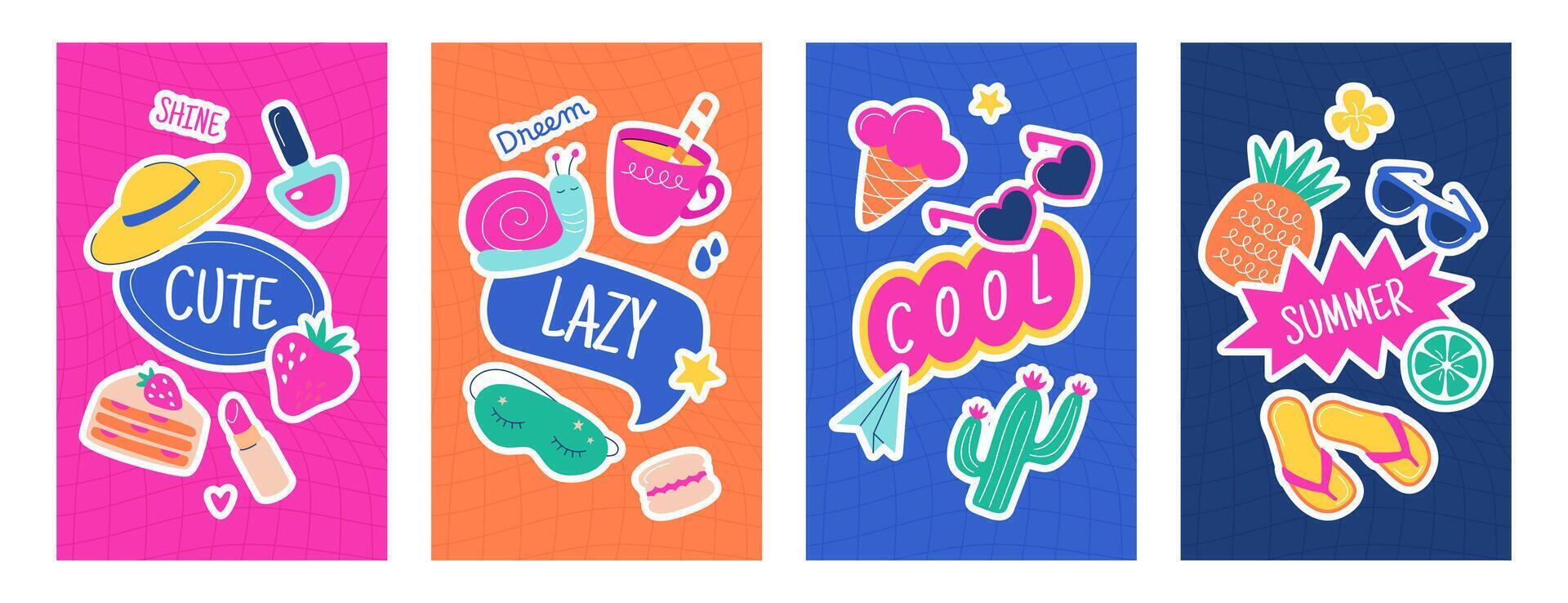 Posters with cute diary journal stickers for personal daily planner, diaries, to do list, scrapbook. Trendy hand drawn elements and inspirational quotes for social media posts. Labels of summer, relax vector