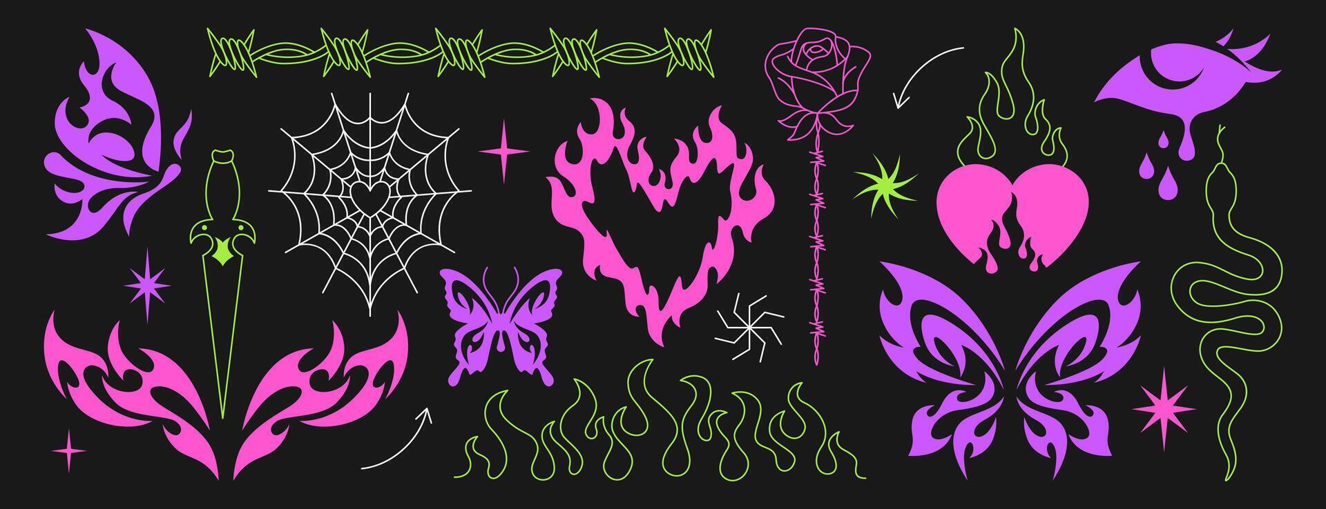 Y2k gothic tattoo sticker set. Neo tribal aesthetic icons, emo hand drawn butterfly, fire flame, burning heart, barbed wire and woman crying eye. Neotribal goth ornaments, cyber sigil design elements vector