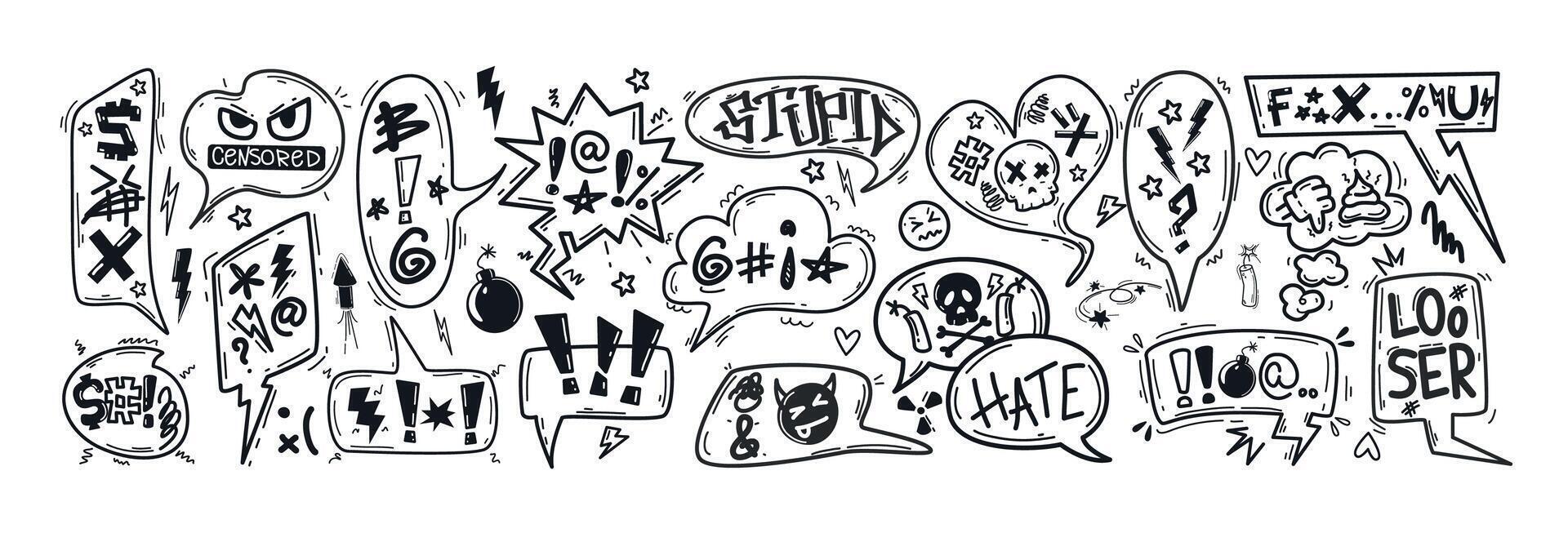 Hand drawn doodle sketch speech bubbles with insults, curses, swearwords and censored symbols. Bad words in talk frames, comic explosion boxes, dialog balloons for angry, negative expressions or hate vector
