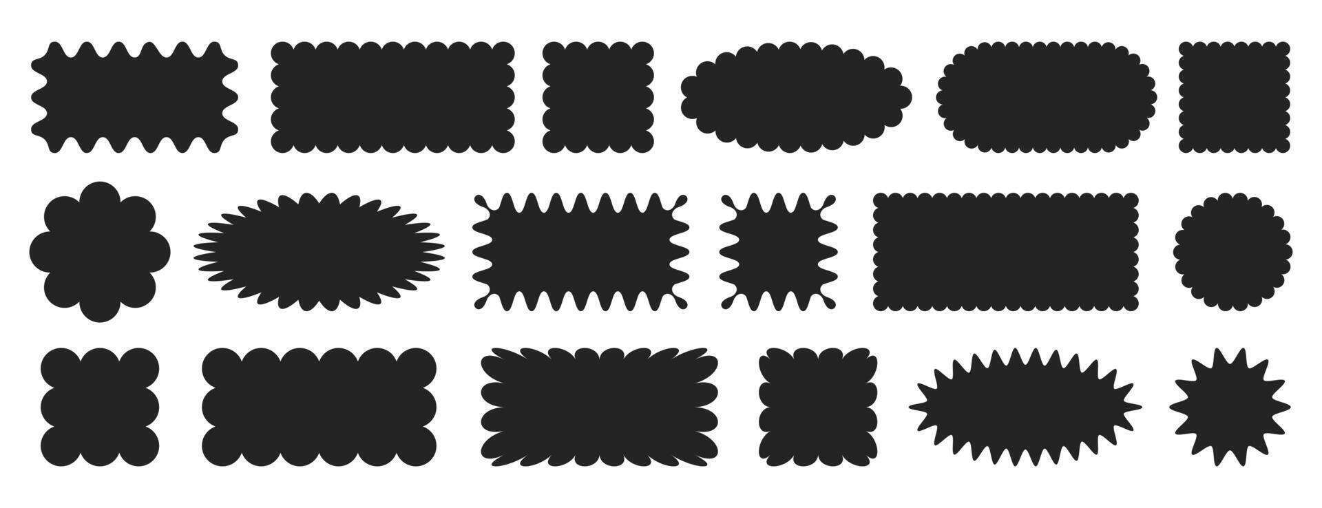 Black jagged geometric shapes. Scallop rectangle, square, round and oval frames with wiggly borders. Rectangular curved box elements, serrated stickers with zig zag edge. Wavy labels, squiggly badges vector