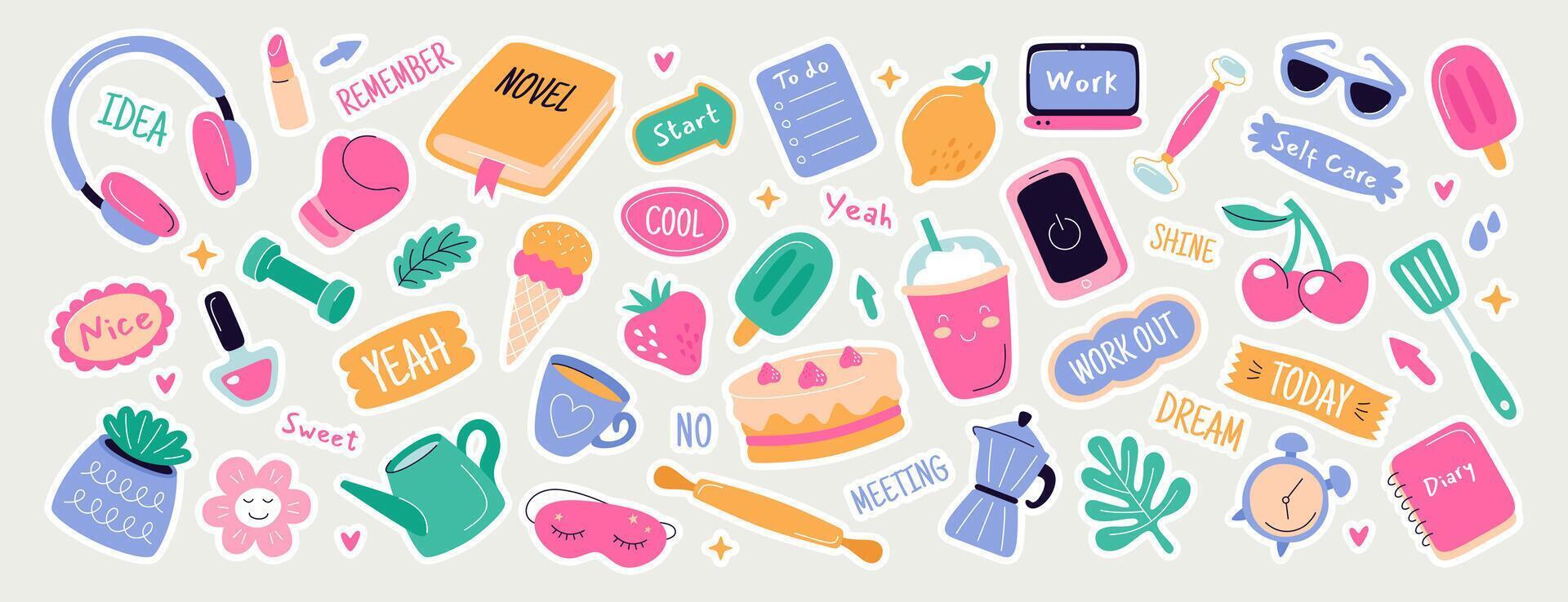 Cute diary journal stickers. Trendy daily planner labels, scrapbook icons flat set. Bullet journal decoration elements with motivation quotes, drinks, fruits for to do list, scheduler or organizer vector