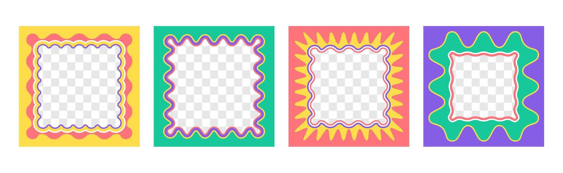 set of square wavy frames with scallop edges. Squiggle photo border with zig zag edge. Wiggly groovy shapes, color funky geometric text box frameworks or curvy mirrors with jagged borders vector