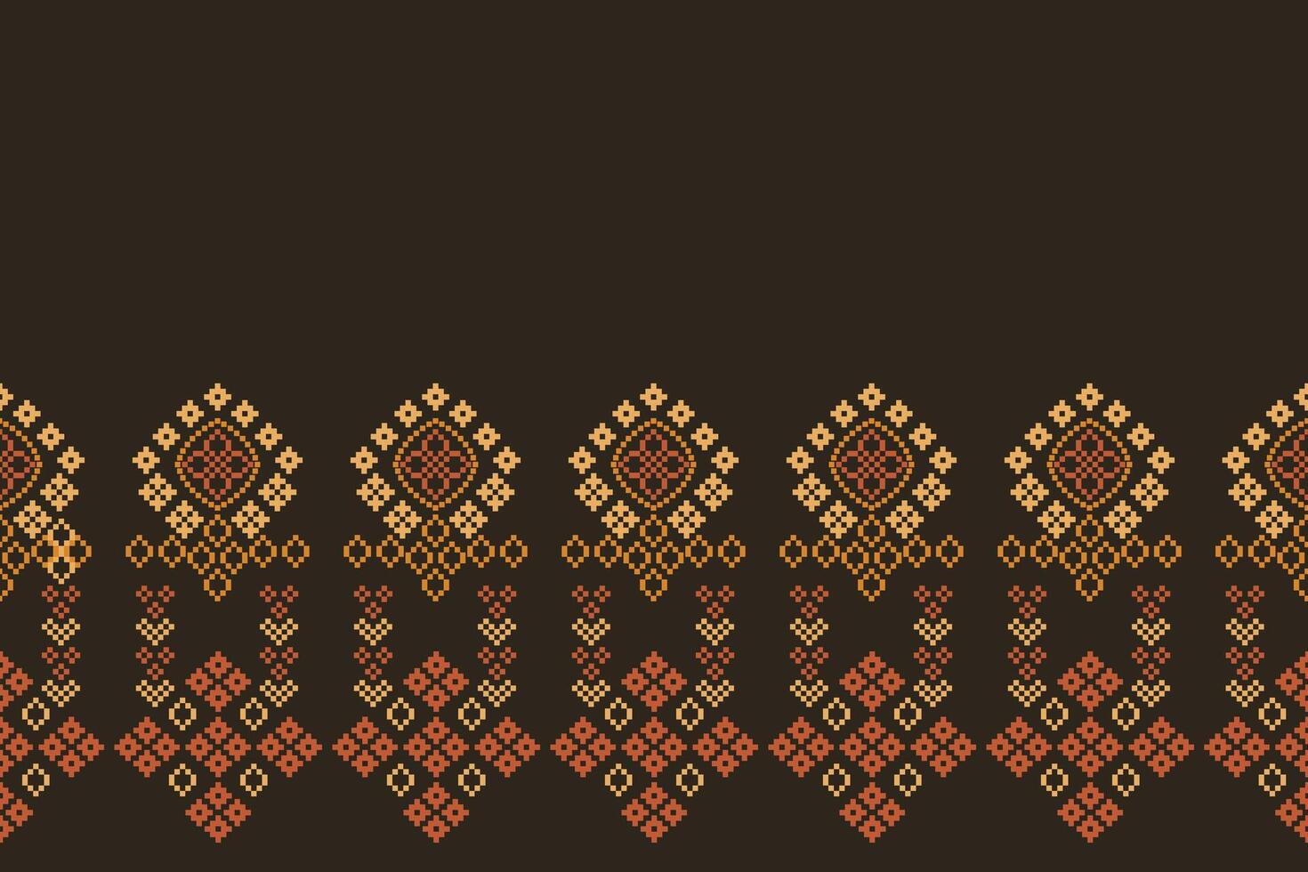 Ethnic motifs geometric fabric pattern cross stitch.Ikat embroidery Ethnic oriental Pixel brown background.Abstract. vector