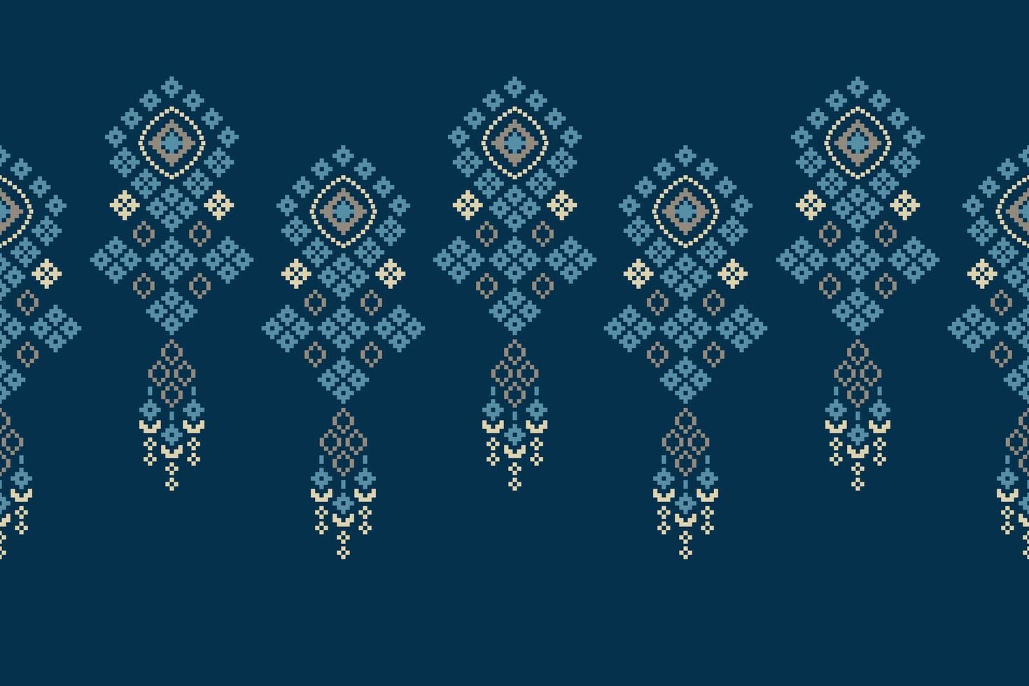 Motif cross stitch pattern with blue background fabric pattern pixel. vector