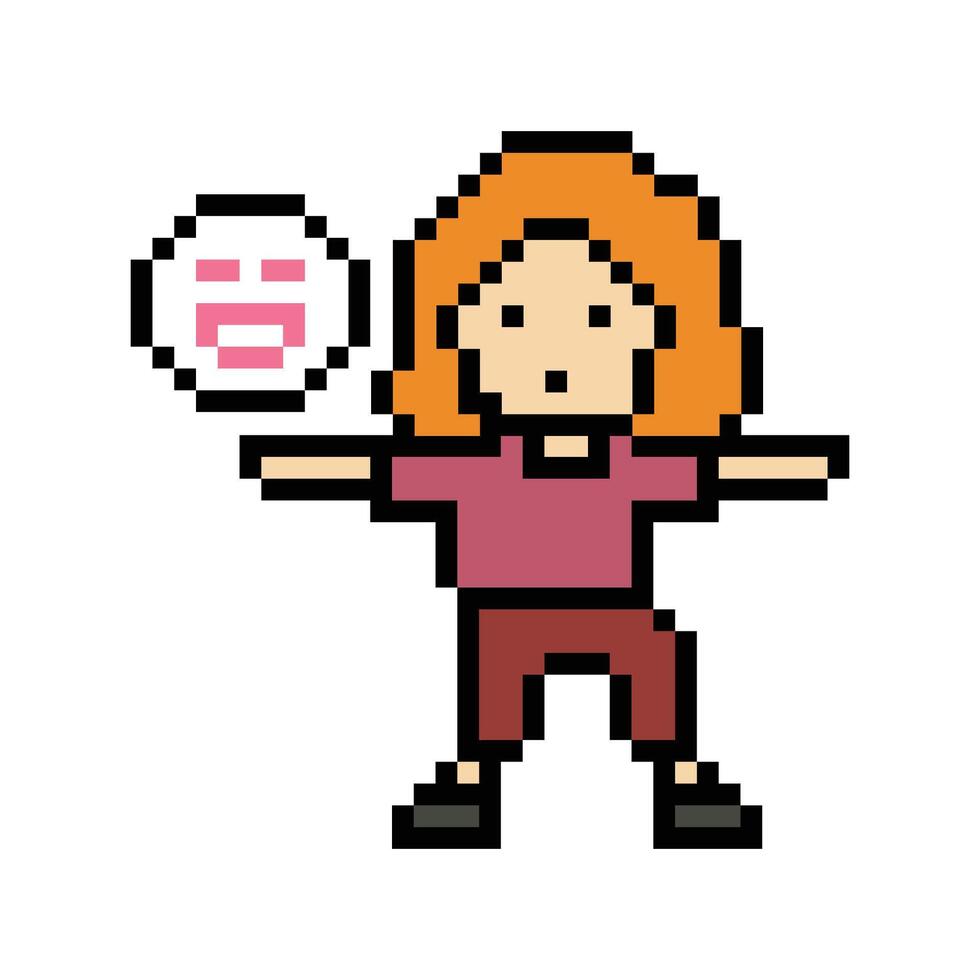 Cute lady or girl with smile face , Dance and exercise 8 bit art pixel cartoon. vector
