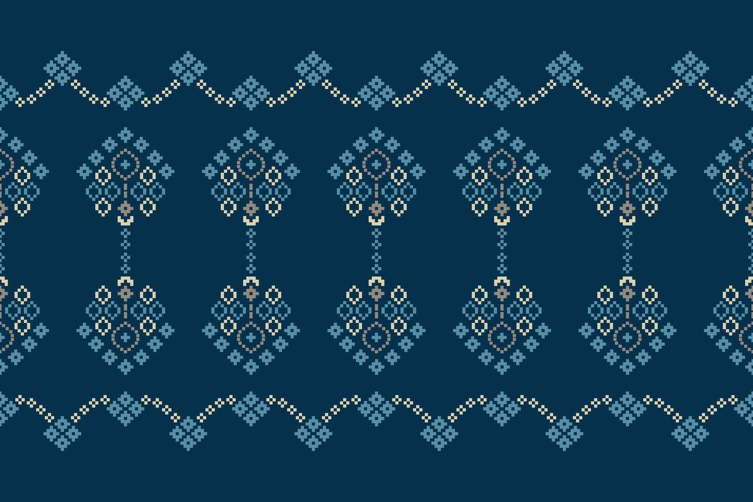 Fabric motif pattern color blue background pixel pattern cross stitch art. vector
