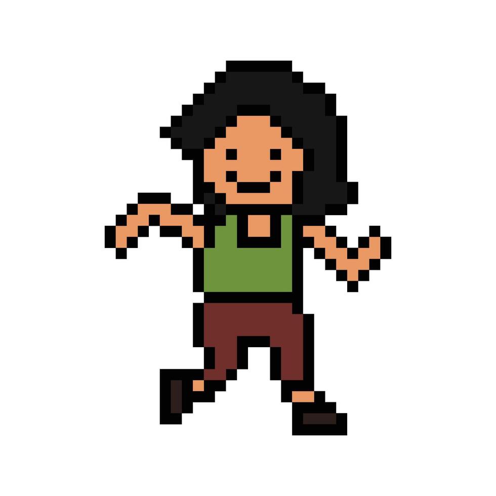 Woman girl run cute exercise jog woman happy face cute pixel art. vector