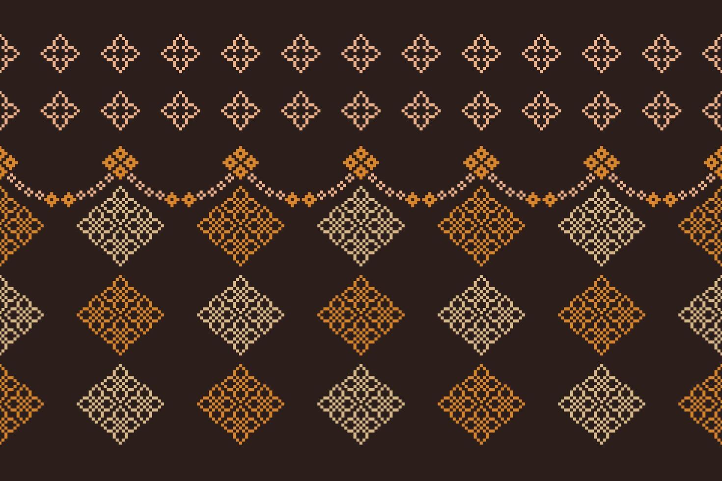 Cross stitch brown background pixel pattern fabric art. vector