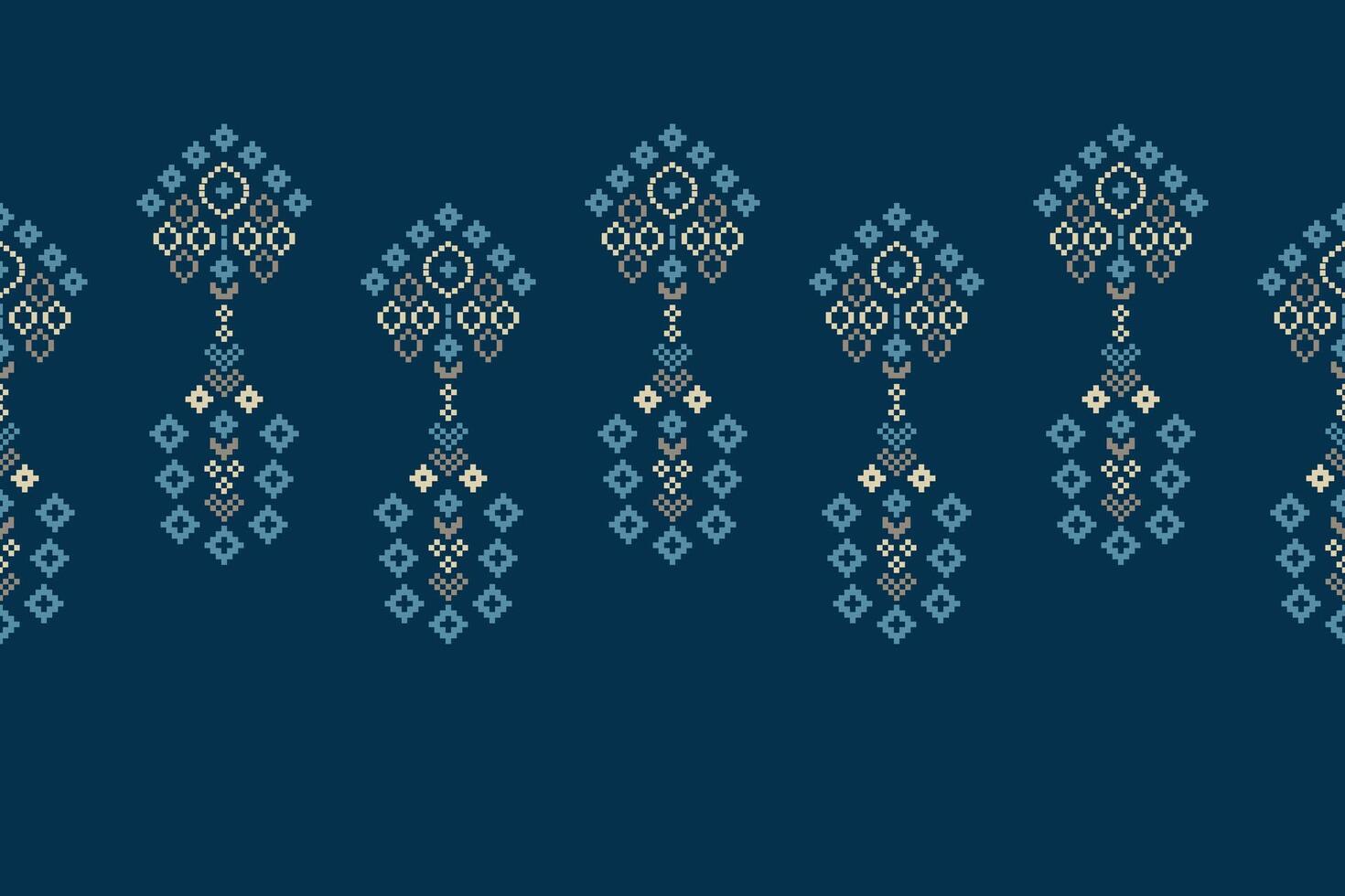 Fabric attern blue color background fabric motif pattern cross stitch. vector