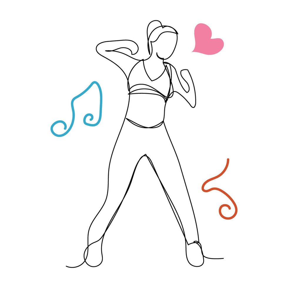 Minimal line art woman dance cartoon emotion minimal design continuous line art. vector