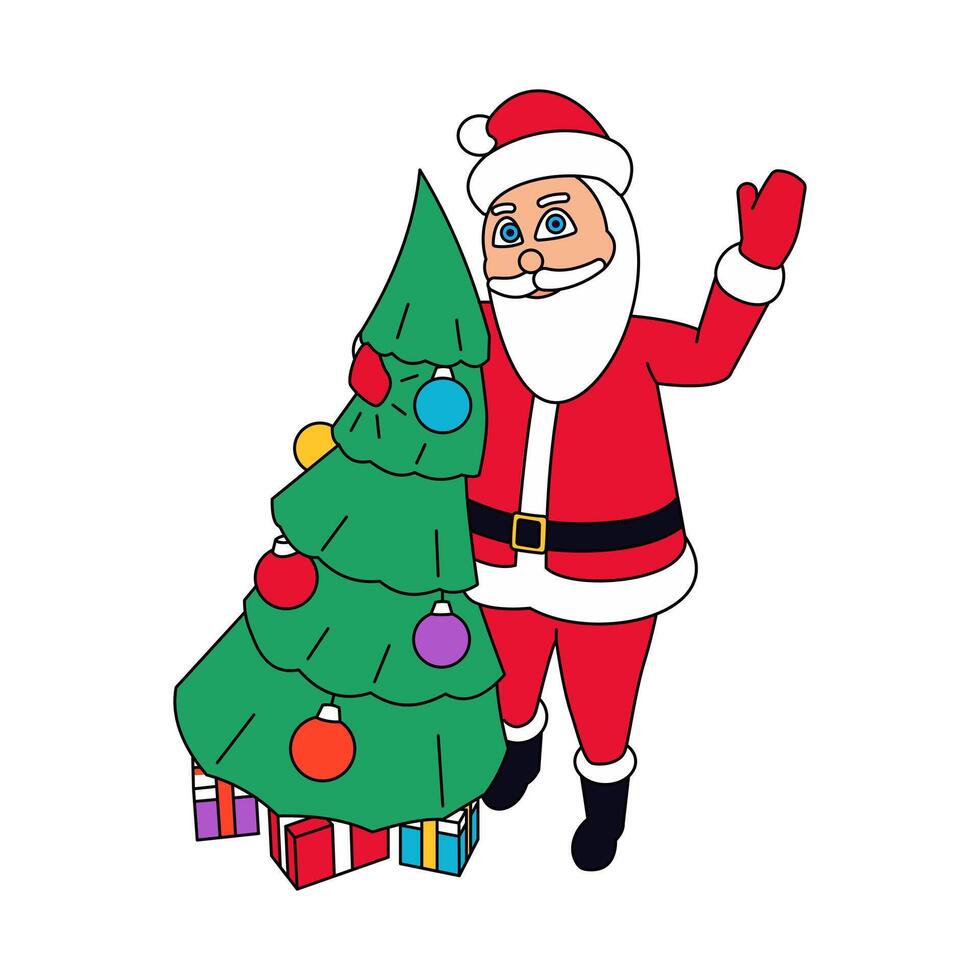 Santa Claus with a Christmas tree in outline. vector