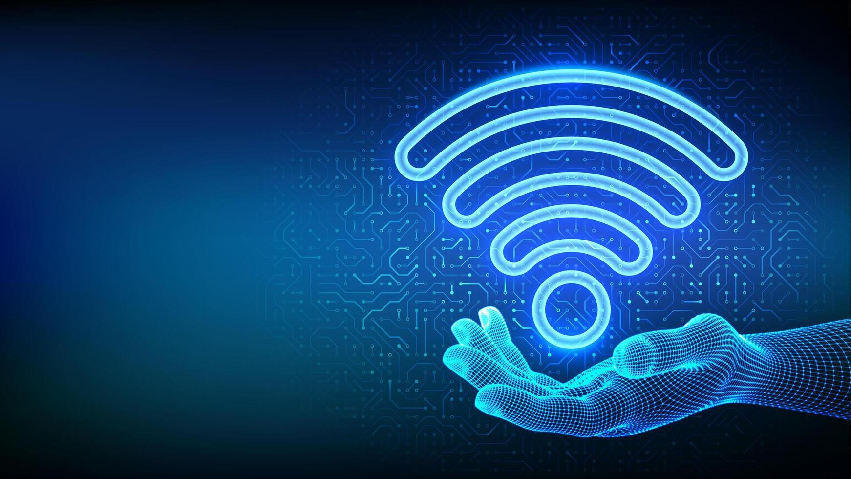 Wi-Fi network. Wi Fi icon in hand. Wlan access, wireless hotspot signal symbol. Mobile connection zone. Router transmission. Circuit board pattern. PCB printed circuit texture. vector