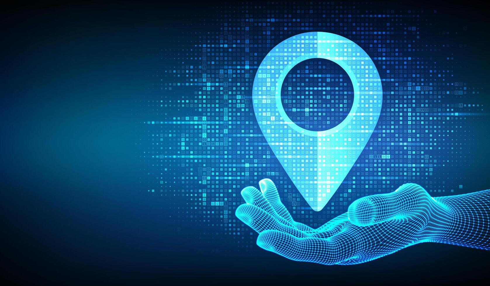 Point of location icon made with binary code in wireframe hand. Pointer of map. Gps pointer. Navigation pin point global position system symbol. Digital background with digits 1.0. vector