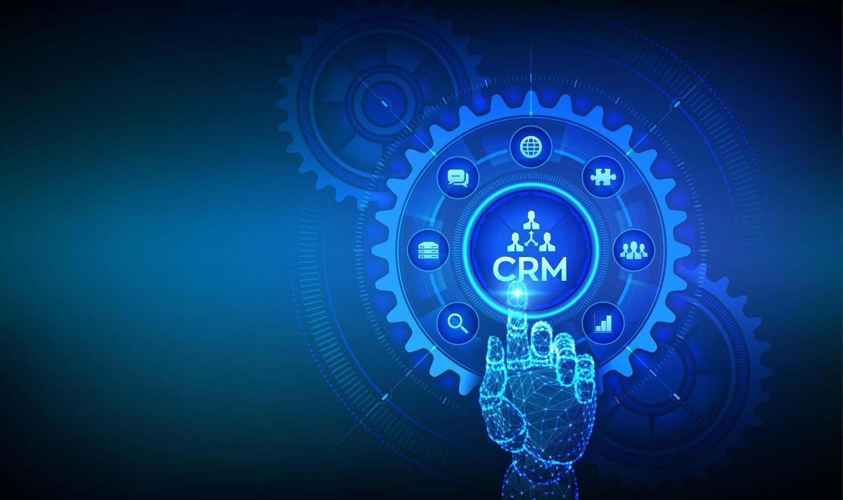 CRM. Customer Relationship Management. Customer service and relationship. Enterprise Communication. Wireframe hand touching digital interface with connected gears cogs and icons. vector